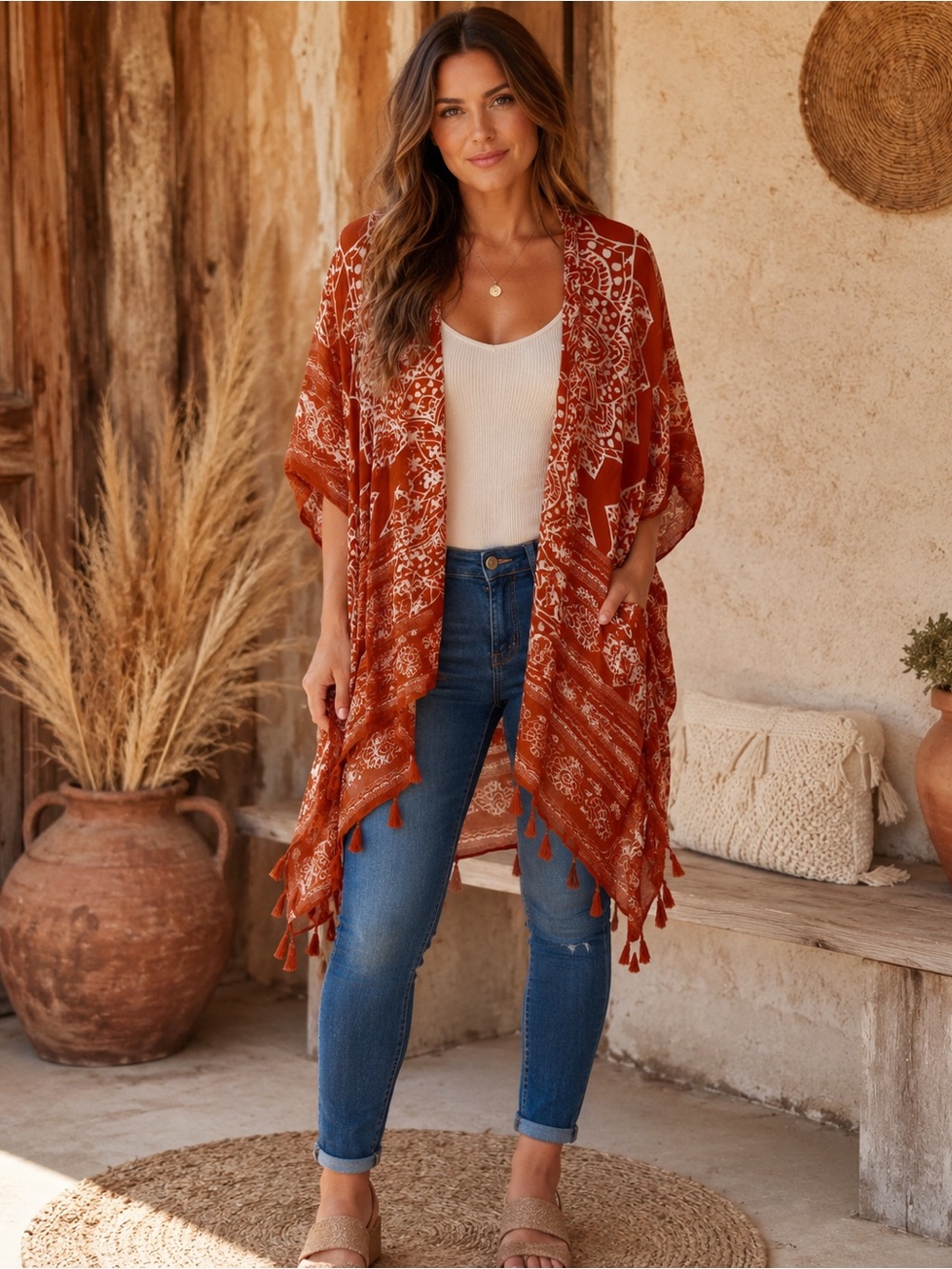 Natural Reflections Rust Paisley Tassel Kimono